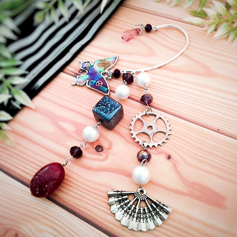 レジン蝶々と歯車の和風イヤーフック スチームパンク パープル シルバー ブロック 扇子 411 くらつや Booth