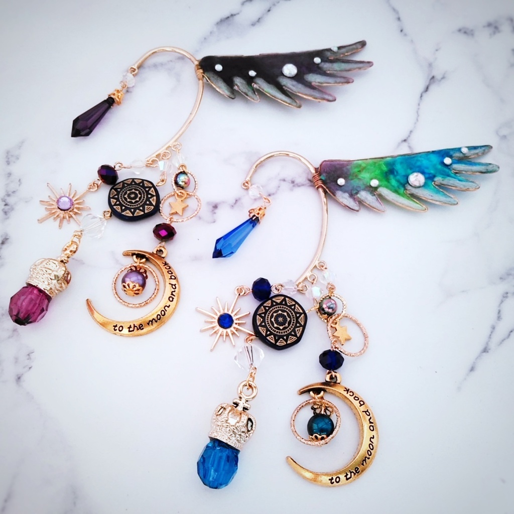 羽根のイヤーフック パープル ブラック レジン 精霊魔法 闇属性 両耳対応 424