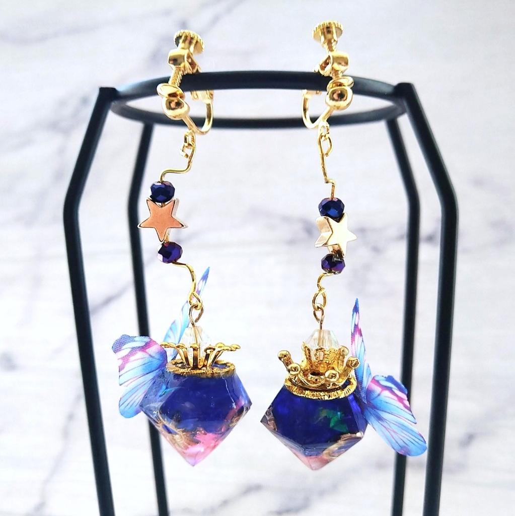 ソラからの贈り物イヤリング Mサイズ パープル×ピンク 上級魔法 ハイウィザード専用 闇属性 レジン 魔法石 555