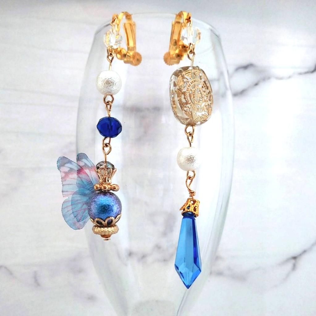 魔法石と魔法陣の蝶々つきイヤリング ブルー 中級魔法 ウィザード専用 水属性 596