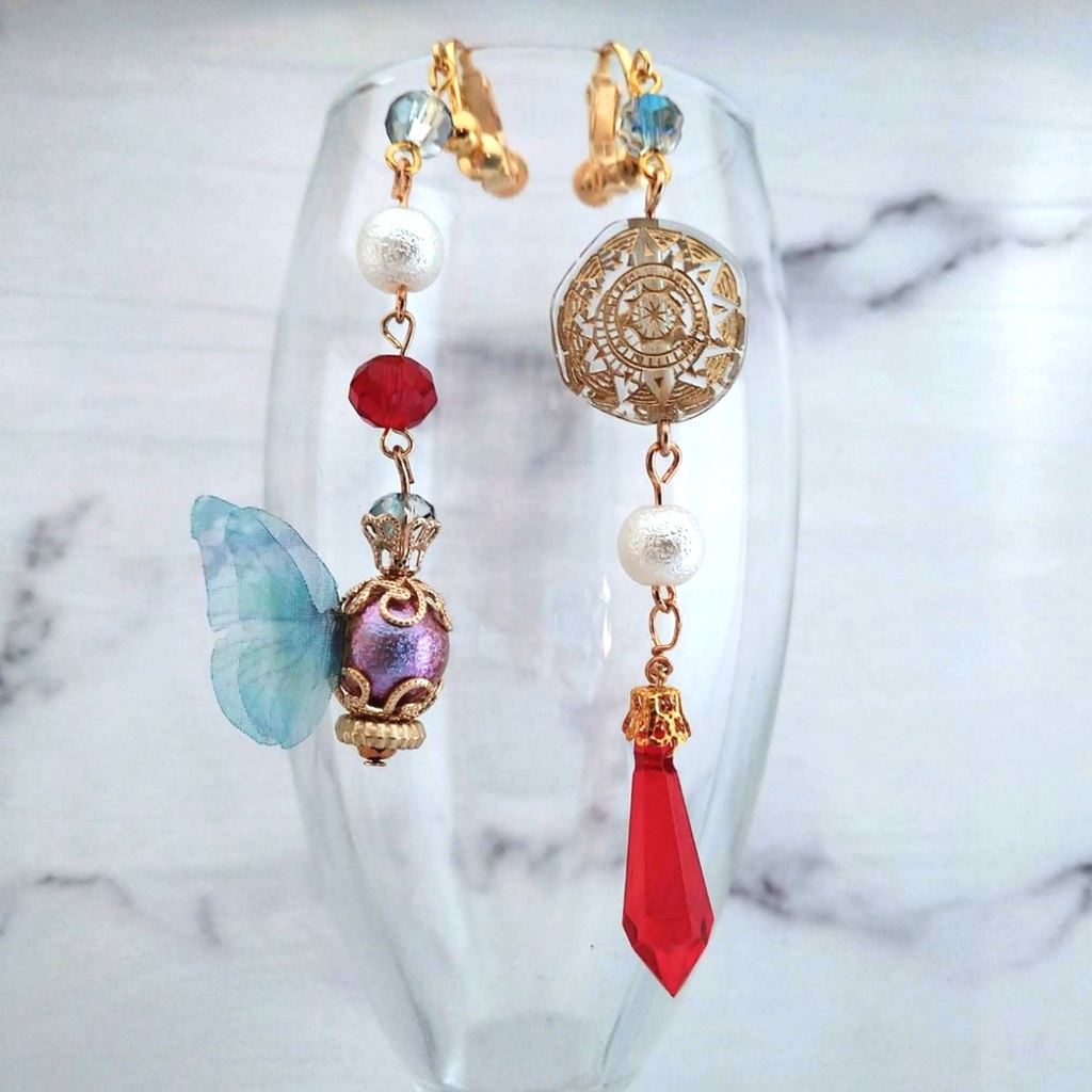 魔法石と魔法陣の蝶々つきイヤリング レッド 中級魔法 ウィザード専用 火属性 598