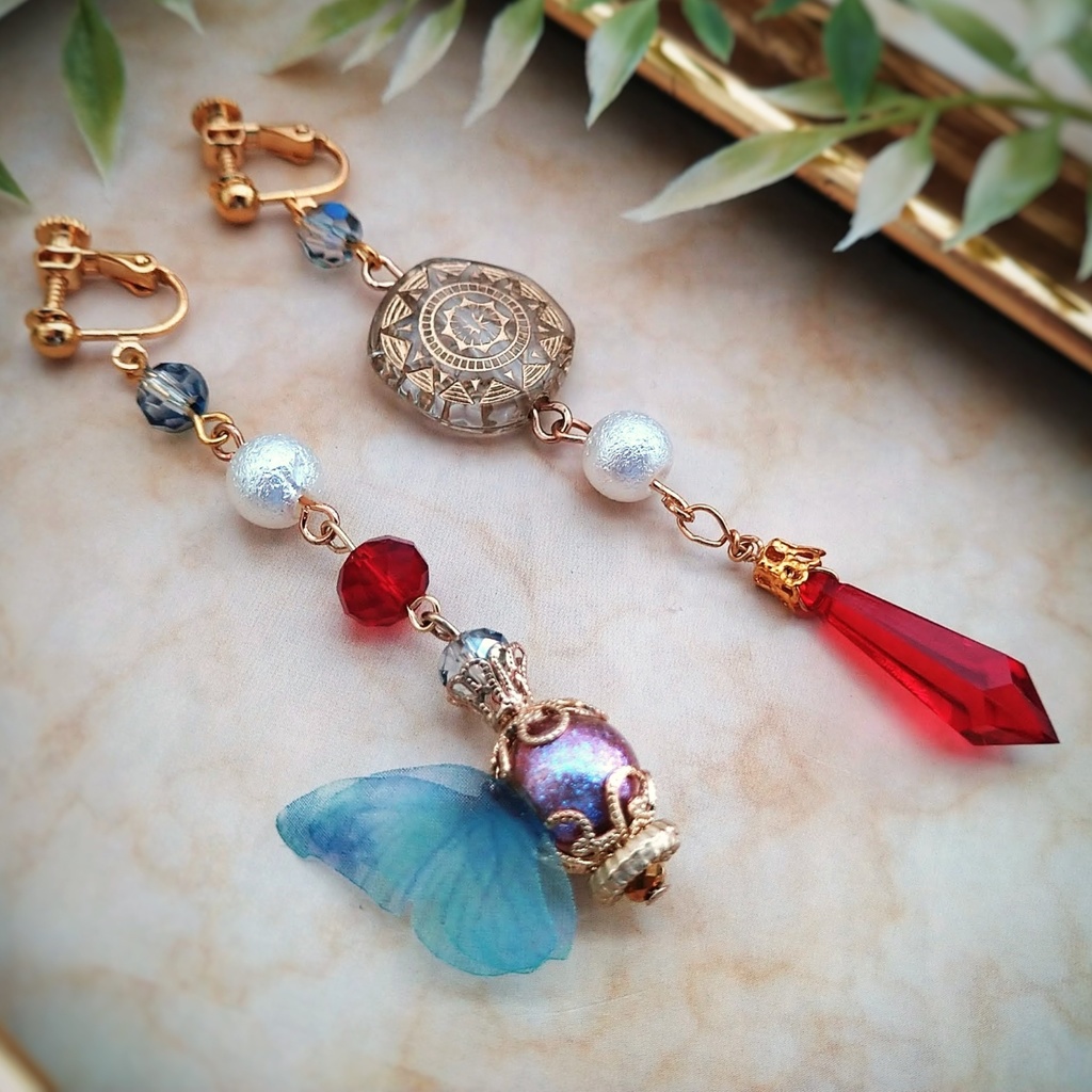 魔法石と魔法陣の蝶々つきイヤリング レッド 中級魔法 ウィザード専用 火属性 598