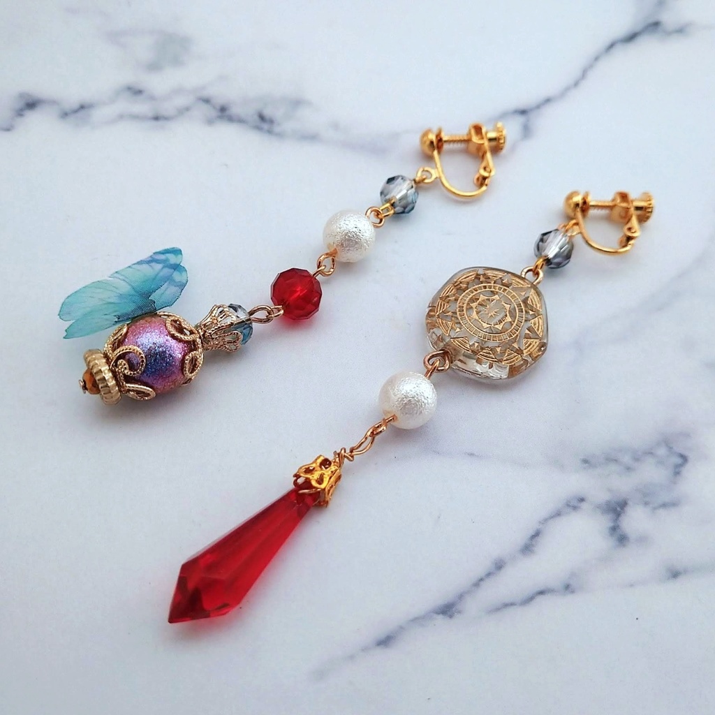 魔法石と魔法陣の蝶々つきイヤリング レッド 中級魔法 ウィザード専用 火属性 598