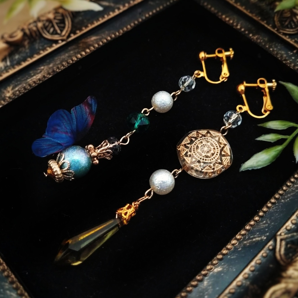 魔法石と魔法陣の蝶々つきイヤリング グリーン 中級魔法 ウィザード専用 風属性 599