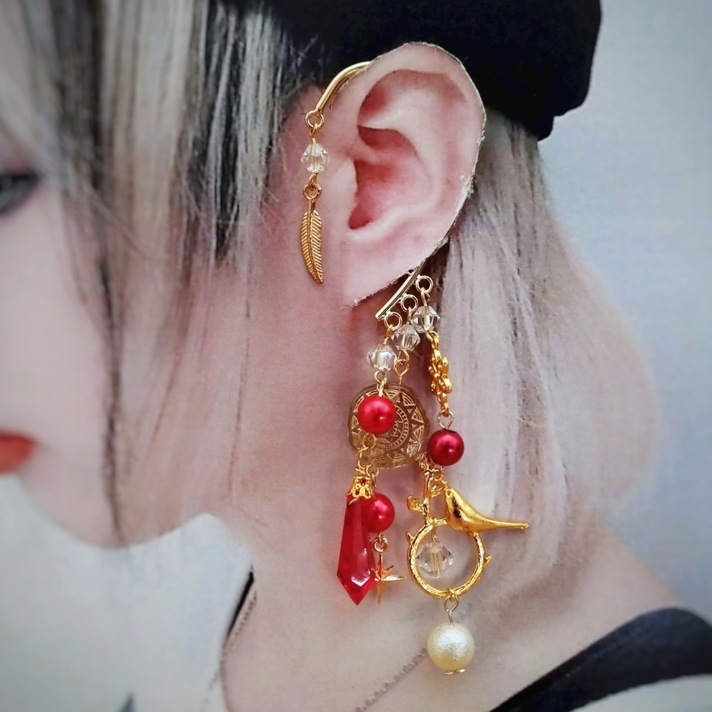 火鳥の囁きイヤーフック レッド 中級魔法 ウィザード専用 火属性 魔法石 鳥 パール 魔法陣 628