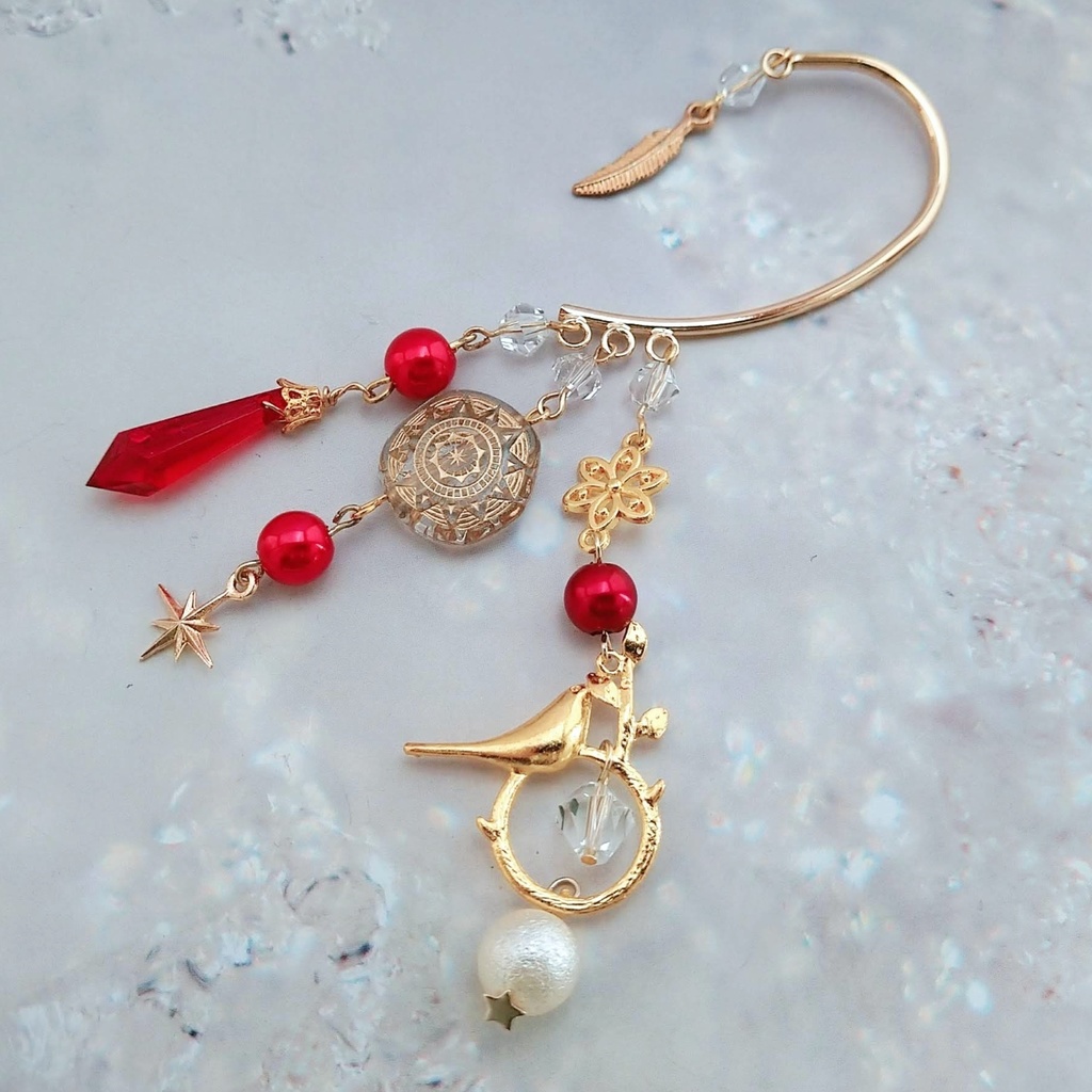 火鳥の囁きイヤーフック レッド 中級魔法 ウィザード専用 火属性 魔法石 鳥 パール 魔法陣 628