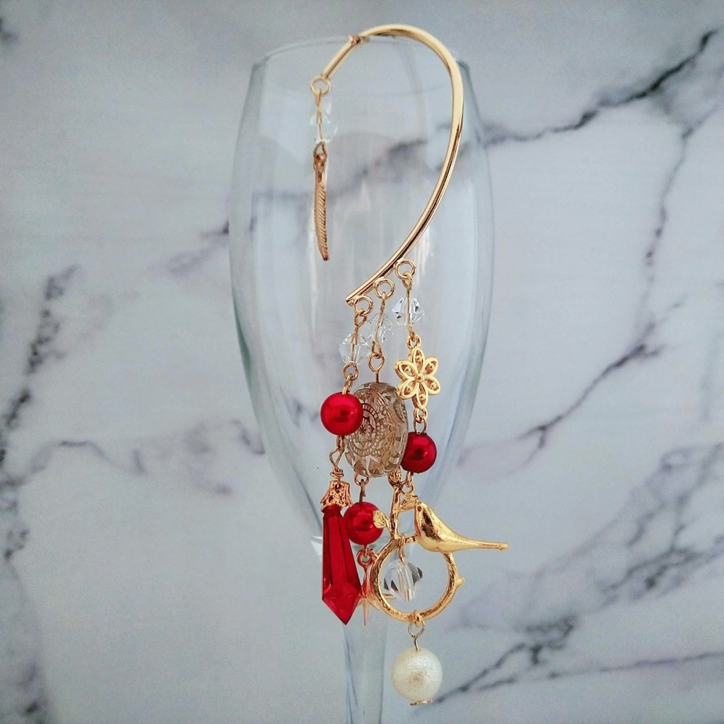 火鳥の囁きイヤーフック レッド 中級魔法 ウィザード専用 火属性 魔法石 鳥 パール 魔法陣 628