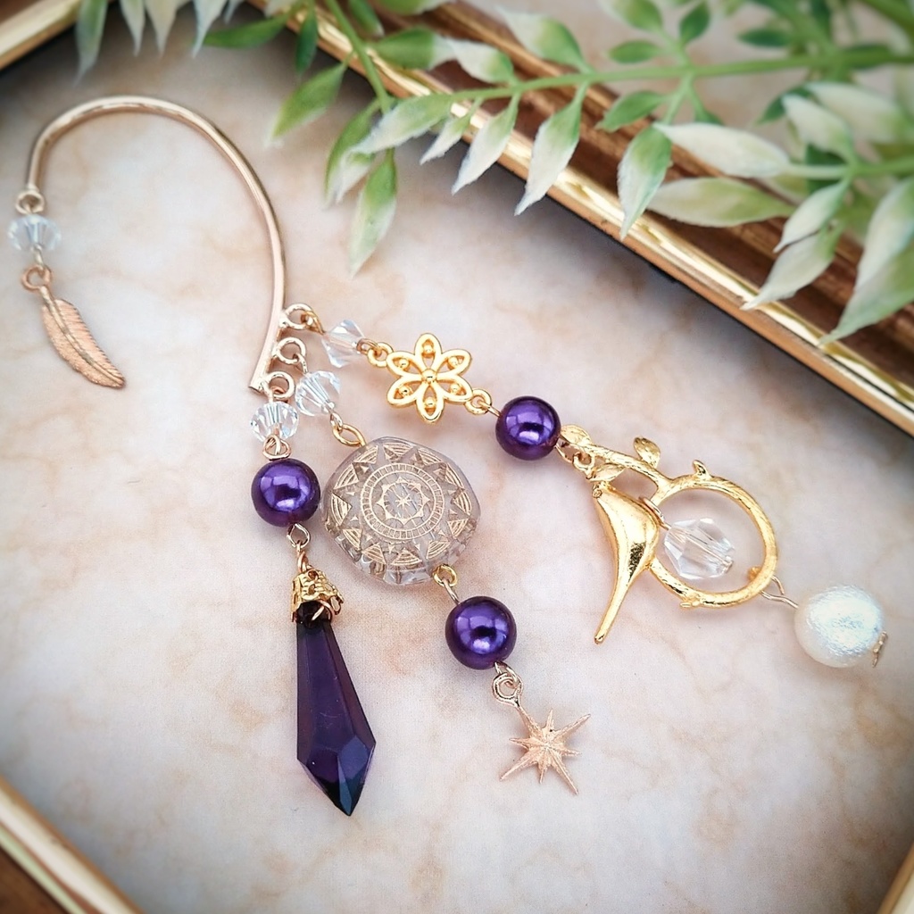 闇鳥の囁きイヤーフック パープル 中級魔法 ウィザード専用 闇属性(中度) 魔法石 鳥 パール 魔法陣 632