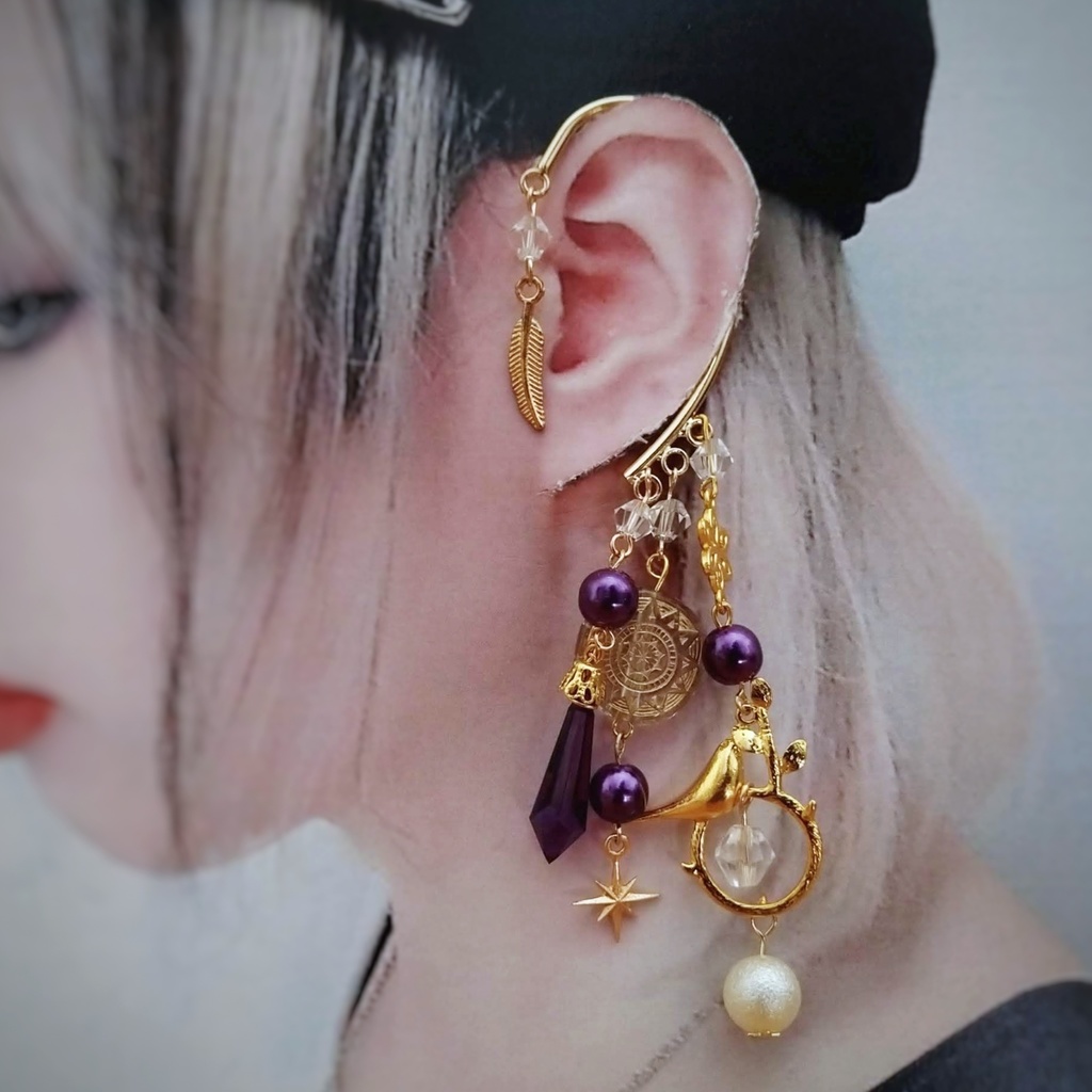 闇鳥の囁きイヤーフック パープル 中級魔法 ウィザード専用 闇属性(中度) 魔法石 鳥 パール 魔法陣 632