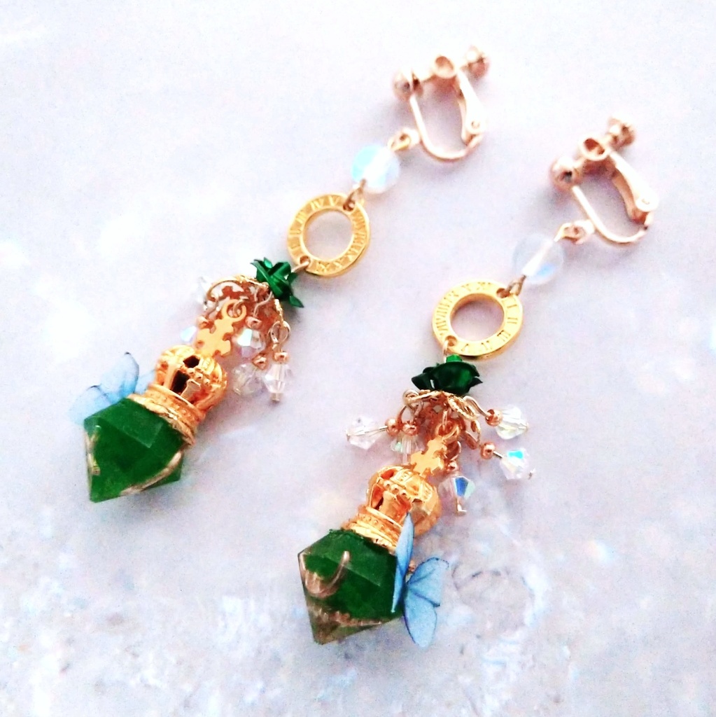 薔薇と魔法石のシャンデリアイヤリング 青 赤×黒 緑 紫×ピンク 紫 ゴールド702〜706