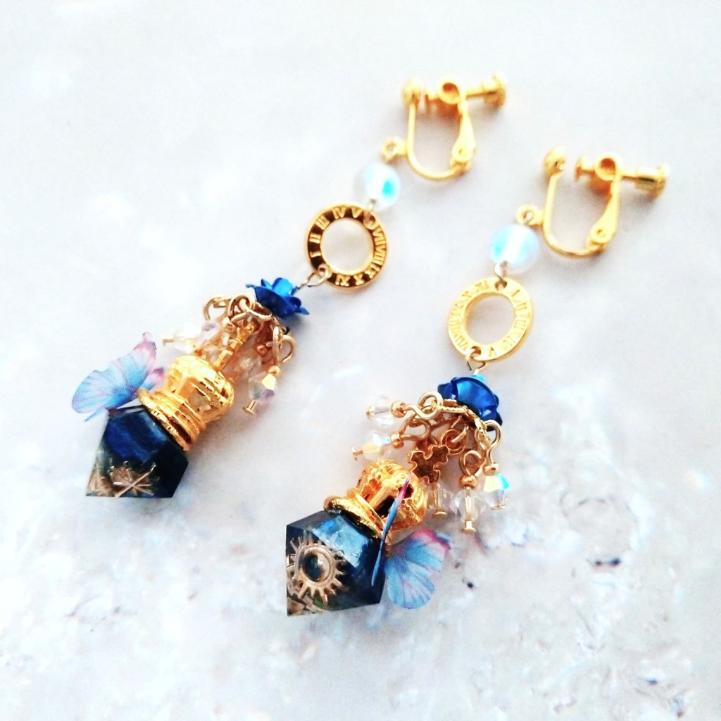 薔薇と魔法石のシャンデリアイヤリング 青 赤×黒 緑 紫×ピンク 紫 ゴールド702〜706