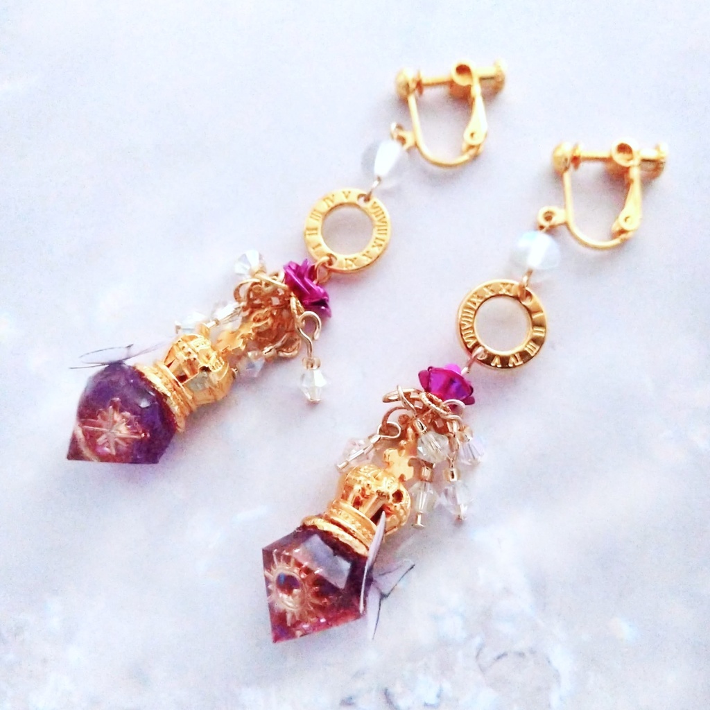 薔薇と魔法石のシャンデリアイヤリング 青 赤×黒 緑 紫×ピンク 紫 ゴールド702〜706