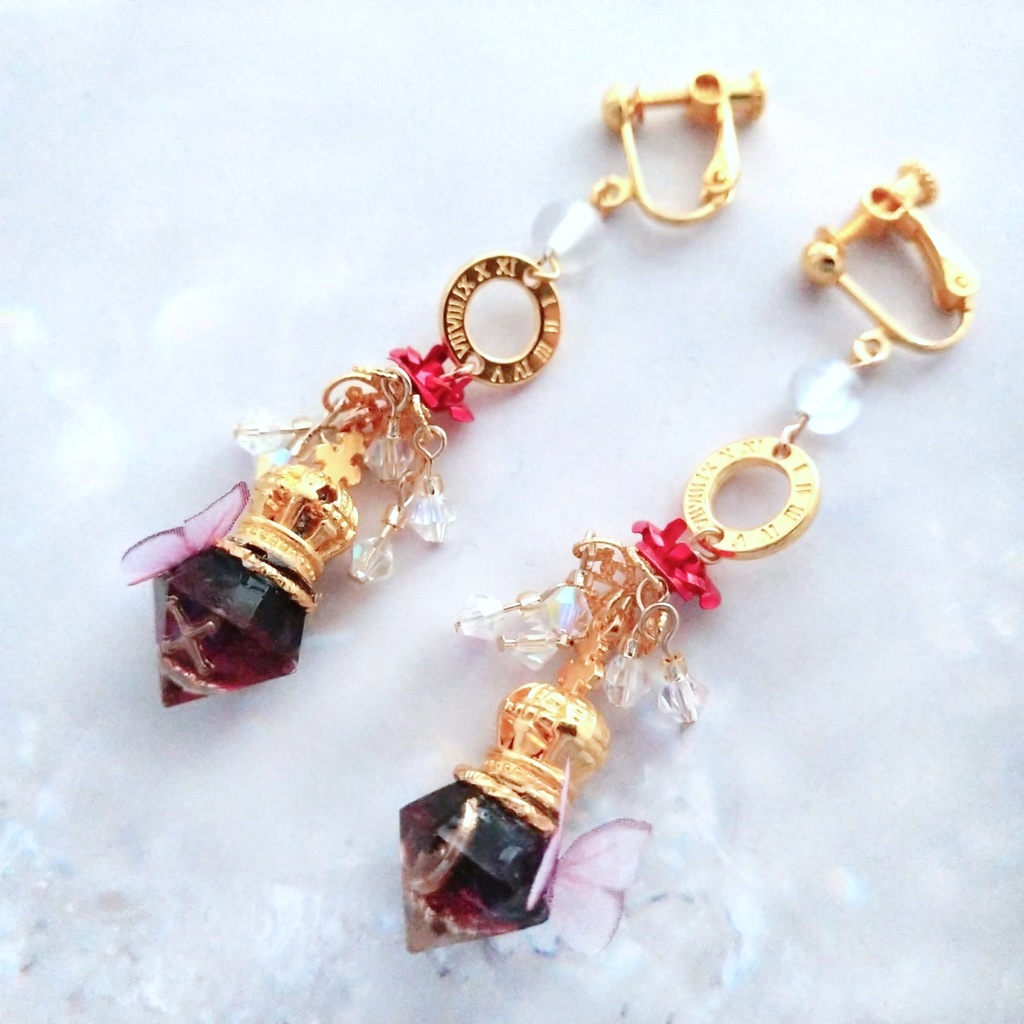 薔薇と魔法石のシャンデリアイヤリング 青 赤×黒 緑 紫×ピンク 紫 ゴールド702〜706