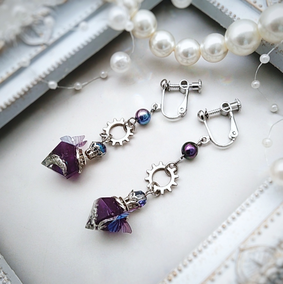 歯車と魔法石のイヤリング ブルー レッド パープル ピンク シルバー スチパン スチームパンク795〜798