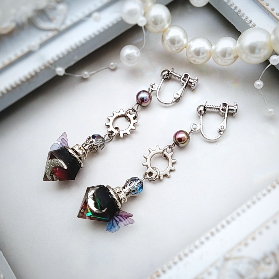 歯車と魔法石のイヤリング ブルー レッド パープル ピンク シルバー スチパン スチームパンク795〜798