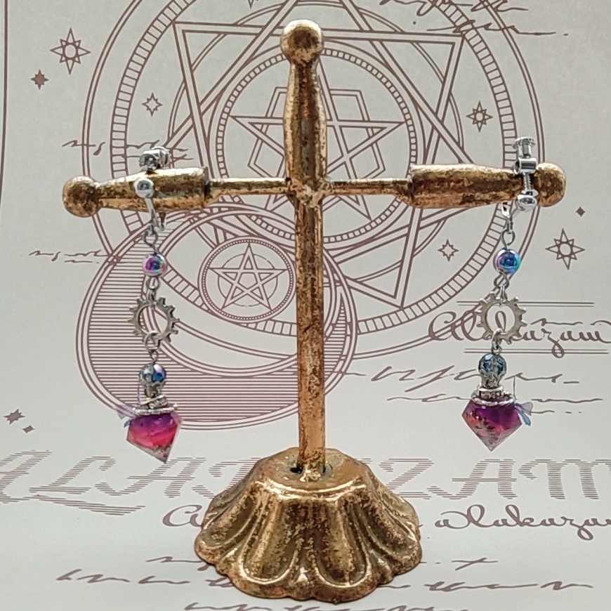 歯車と魔法石のイヤリング ブルー レッド パープル ピンク シルバー スチパン スチームパンク795〜798