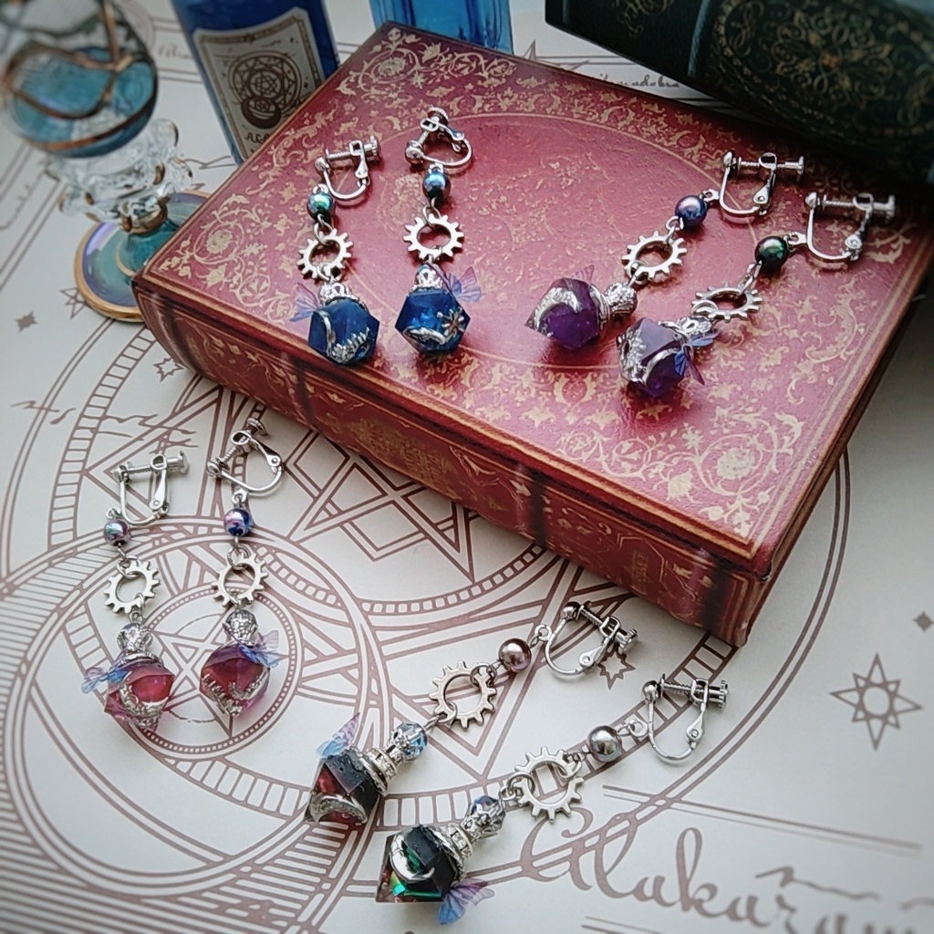 歯車と魔法石のイヤリング ブルー レッド パープル ピンク シルバー スチパン スチームパンク795〜798