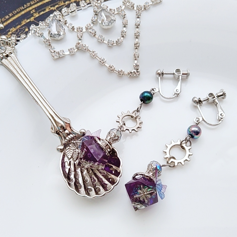 歯車と魔法石のイヤリング ブルー レッド パープル ピンク シルバー スチパン スチームパンク795〜798