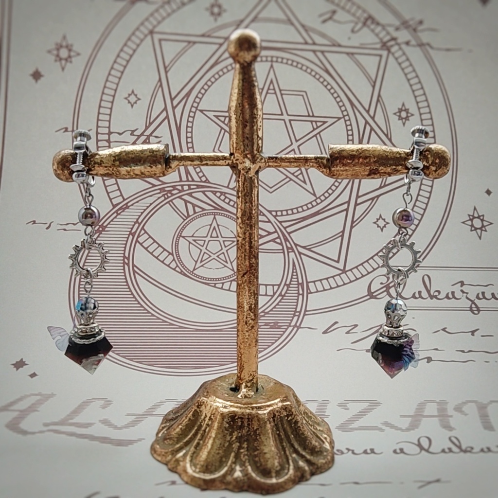 歯車と魔法石のイヤリング ブルー レッド パープル ピンク シルバー スチパン スチームパンク795〜798