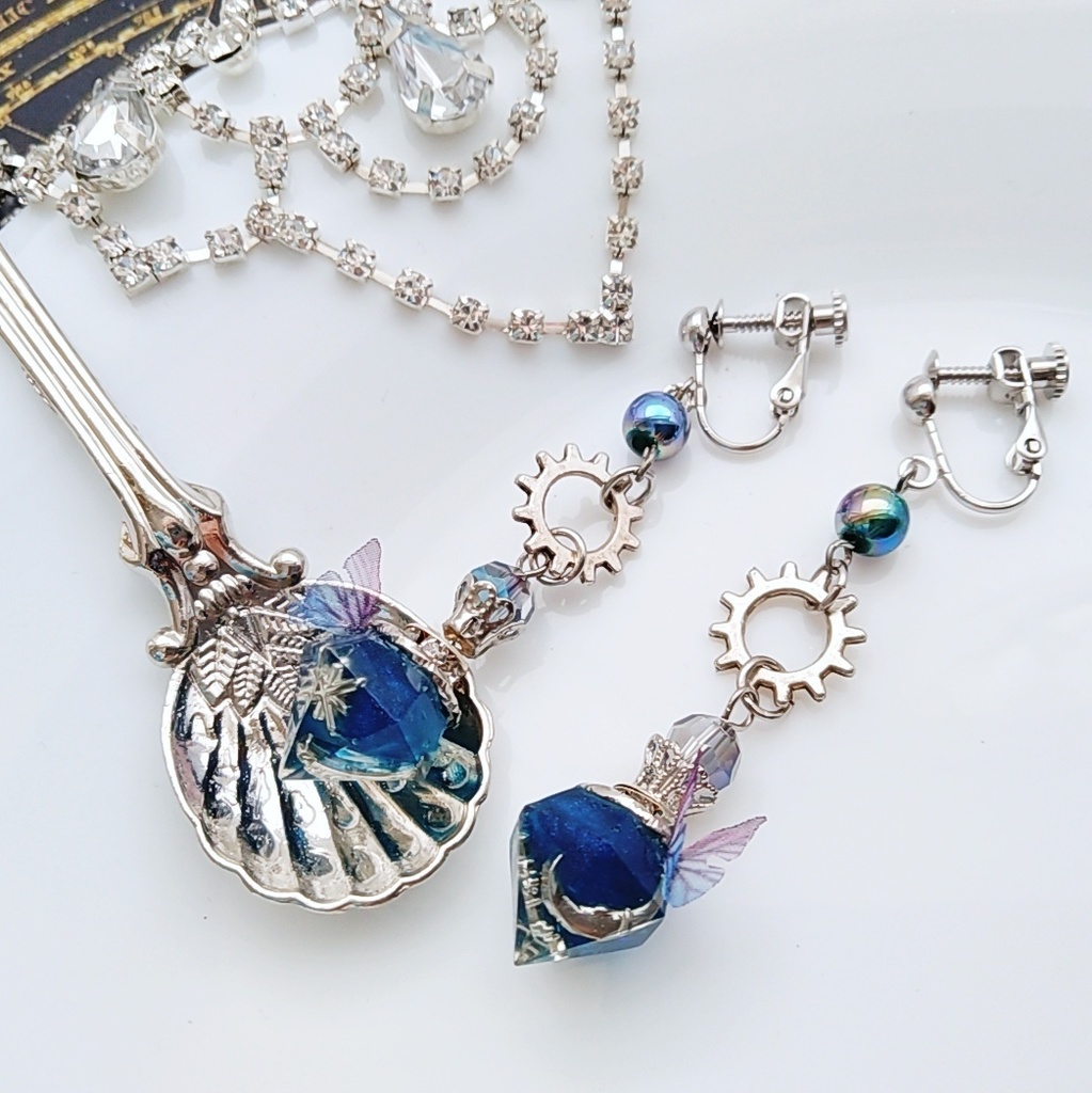 歯車と魔法石のイヤリング ブルー レッド パープル ピンク シルバー スチパン スチームパンク795〜798