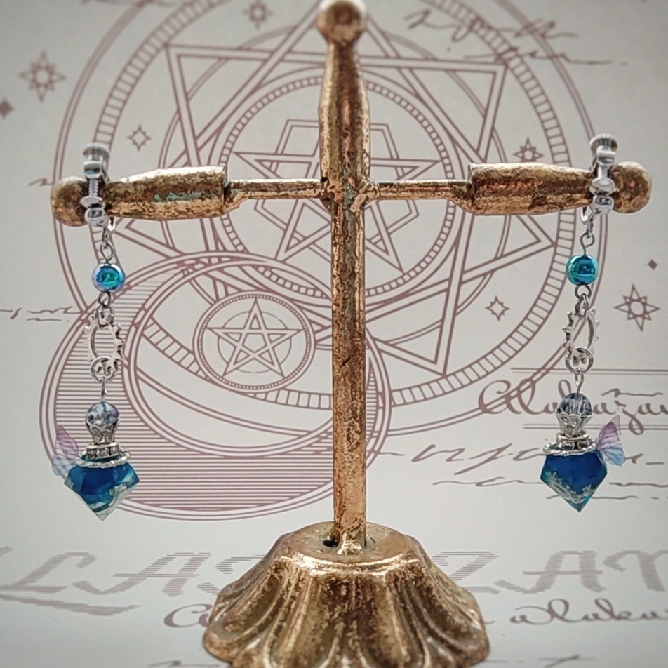 歯車と魔法石のイヤリング ブルー レッド パープル ピンク シルバー スチパン スチームパンク795〜798