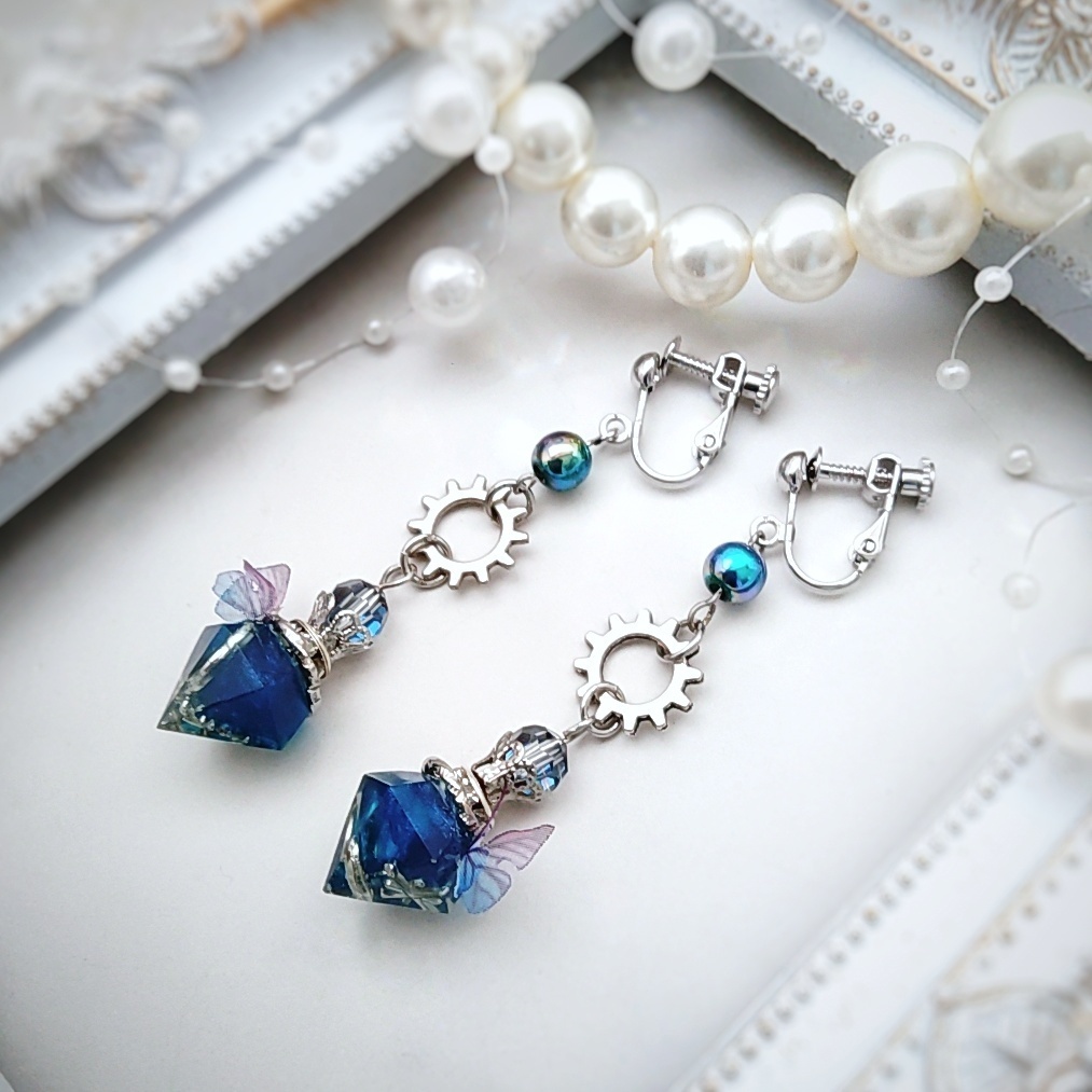 歯車と魔法石のイヤリング ブルー レッド パープル ピンク シルバー スチパン スチームパンク795〜798