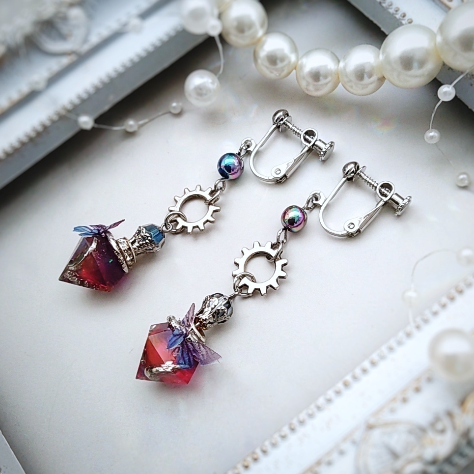 歯車と魔法石のイヤリング ブルー レッド パープル ピンク シルバー スチパン スチームパンク795〜798