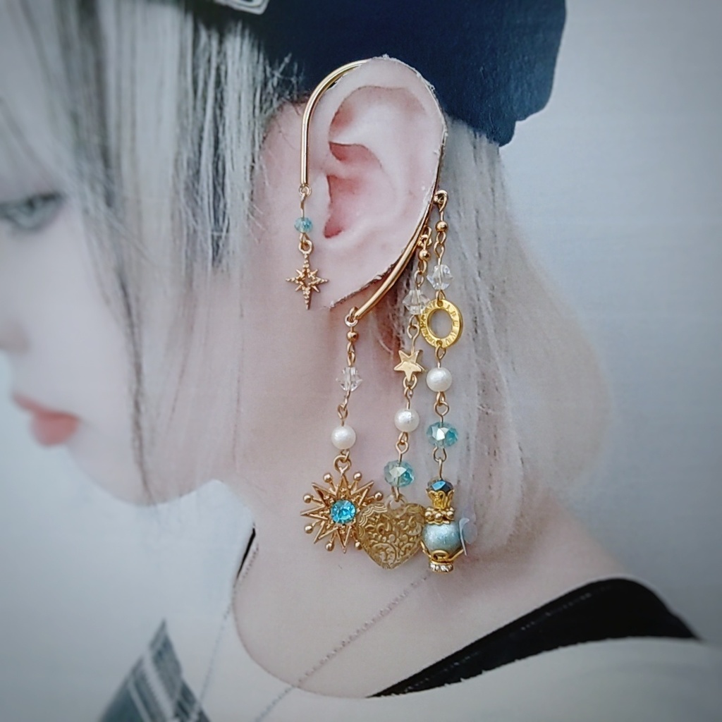 星とレトロなハートのイヤーフック 3色 中級魔法 ブルー スカイブルー レッド 847〜849