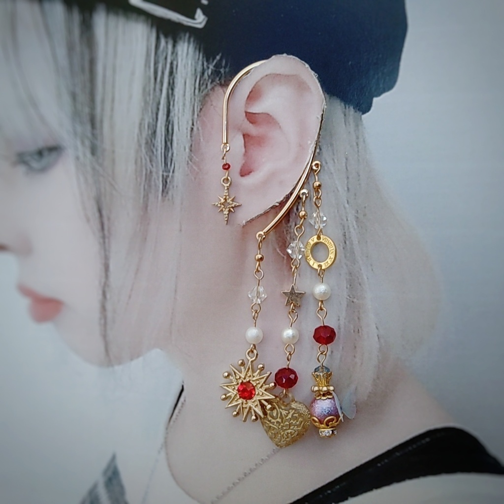 星とレトロなハートのイヤーフック 3色 中級魔法 ブルー スカイブルー レッド 847〜849