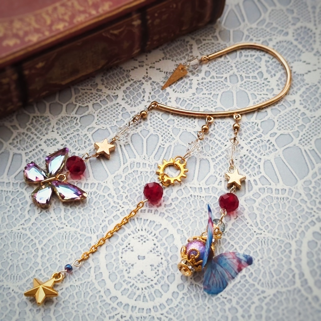 オーロラ蝶々のイヤーフック 4色 上級魔法 ブルー レッド グリーン パープル 902〜905