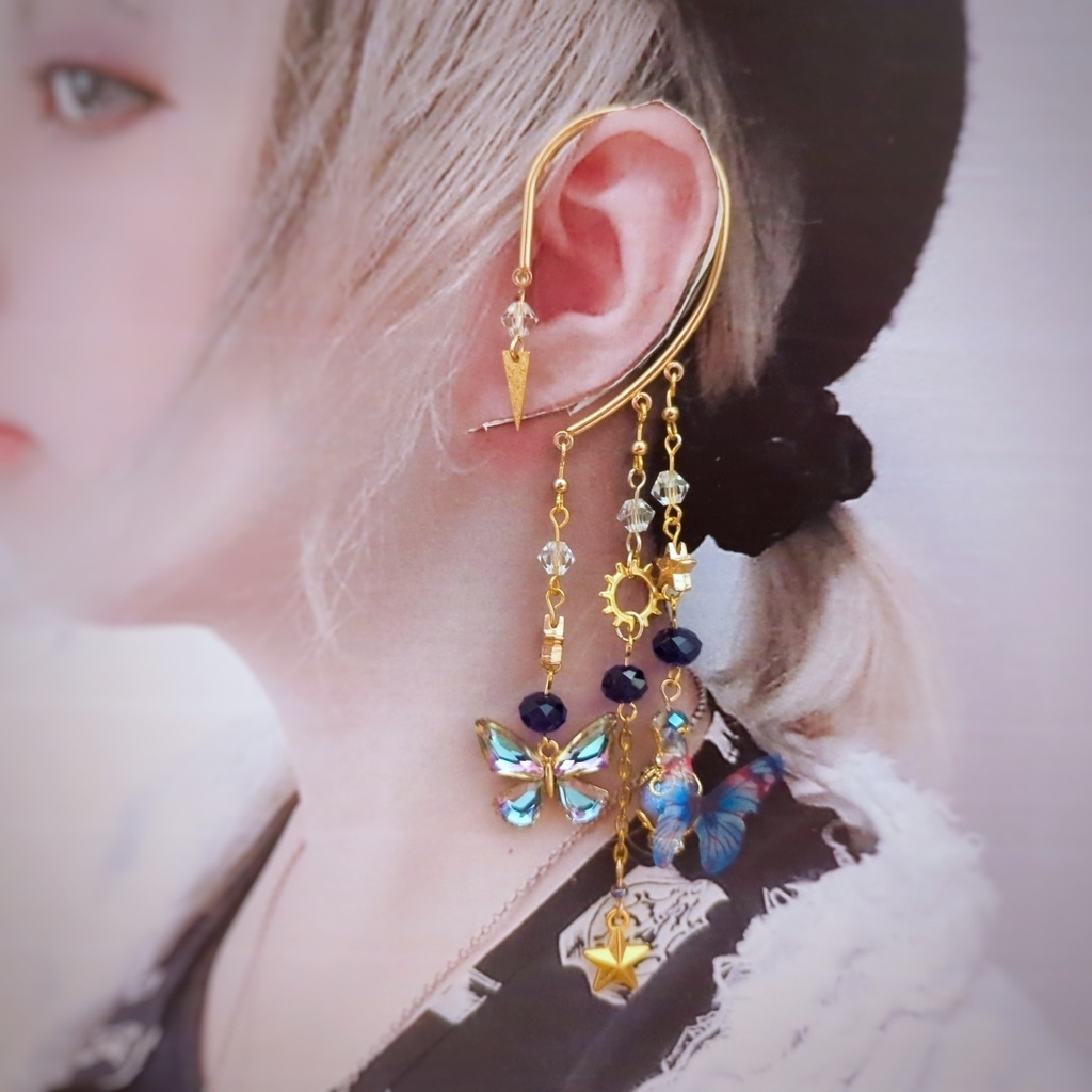 オーロラ蝶々のイヤーフック 4色 上級魔法 ブルー レッド グリーン パープル 902〜905