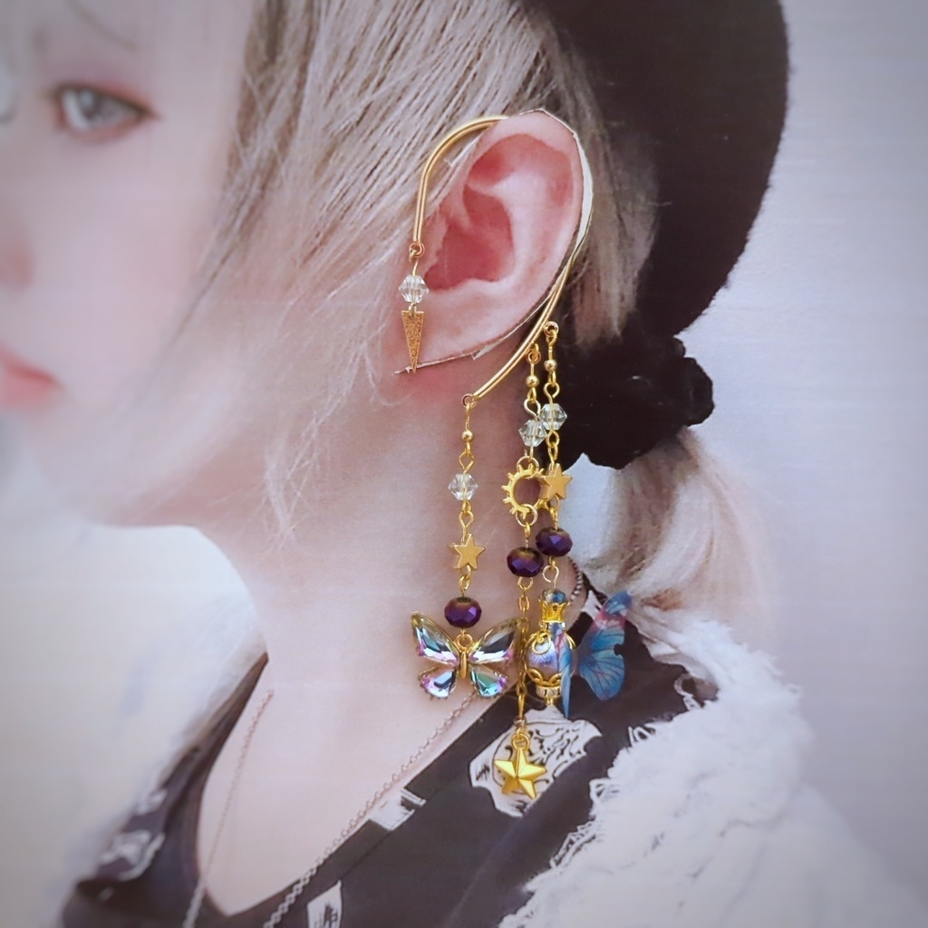 オーロラ蝶々のイヤーフック 4色 上級魔法 ブルー レッド グリーン パープル 902〜905