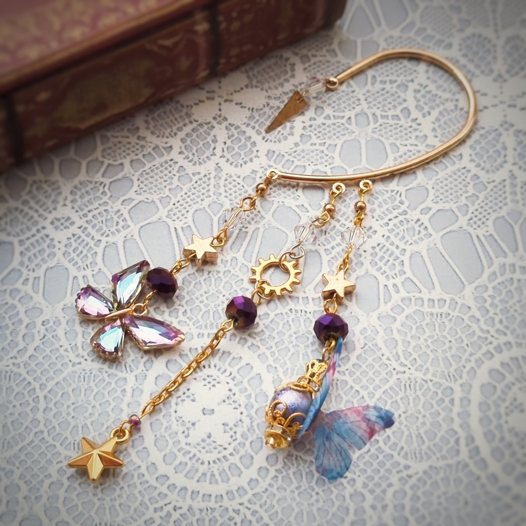 オーロラ蝶々のイヤーフック 4色 上級魔法 ブルー レッド グリーン パープル 902〜905