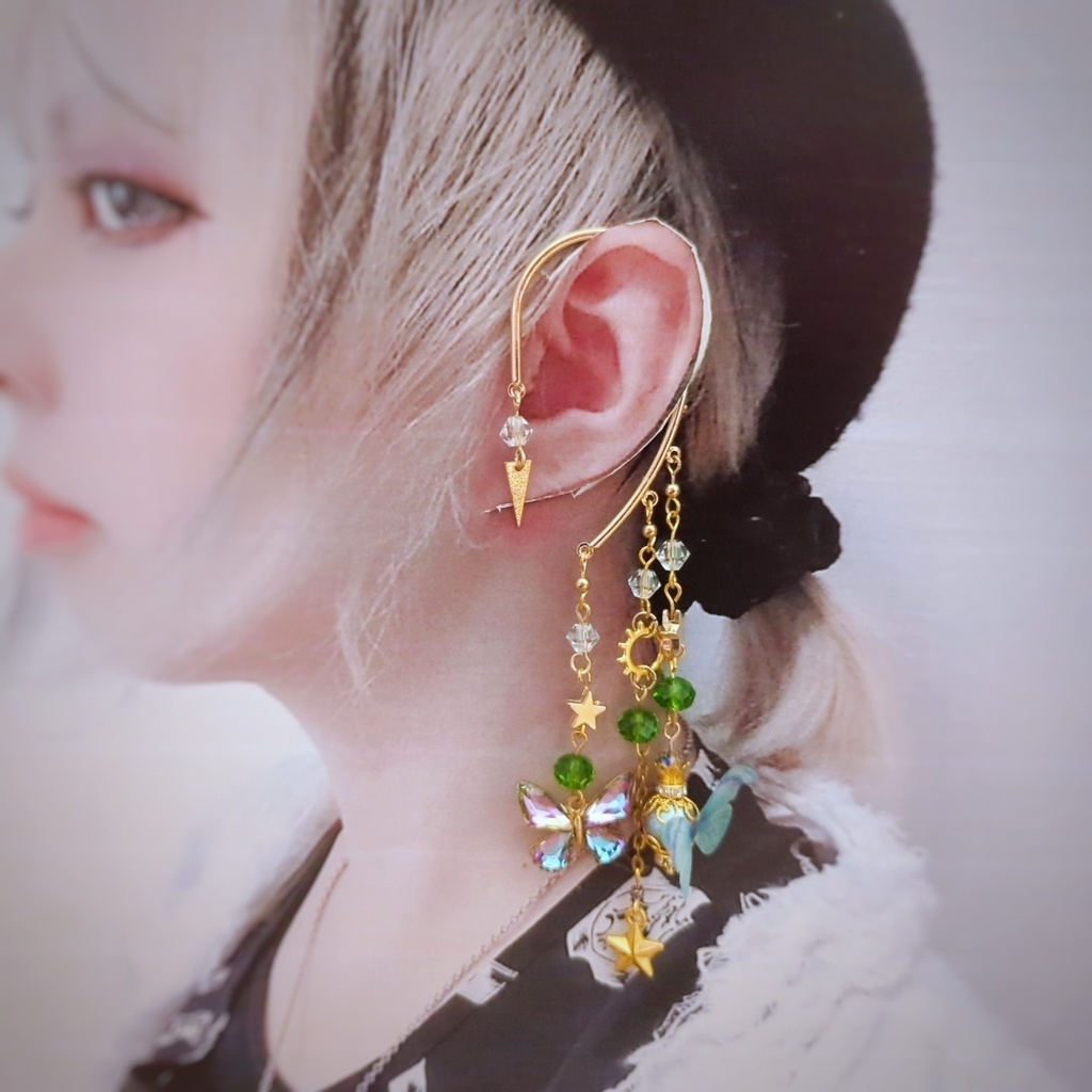 オーロラ蝶々のイヤーフック 4色 上級魔法 ブルー レッド グリーン パープル 902〜905