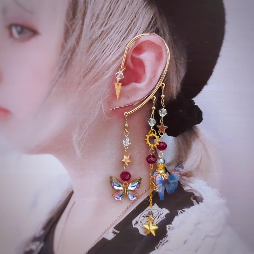 オーロラ蝶々のイヤーフック 4色 上級魔法 ブルー レッド グリーン パープル 902〜905