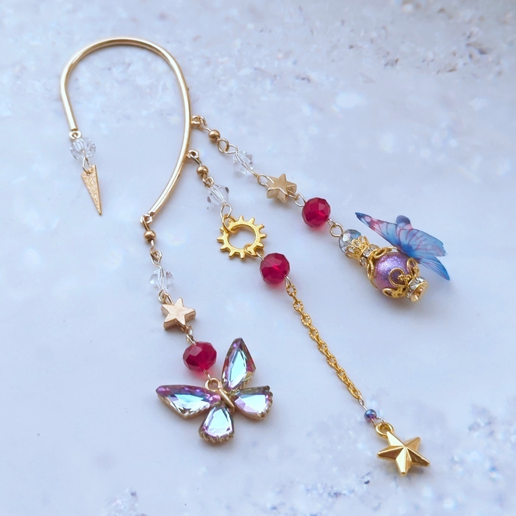 オーロラ蝶々のイヤーフック 4色 上級魔法 ブルー レッド グリーン パープル 902〜905