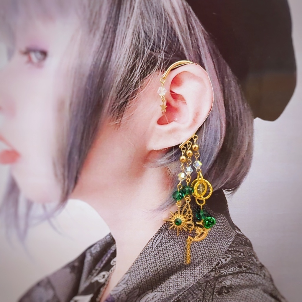 薔薇と蝶々のイヤーフック 6色 中級魔法 ブルー スカイブルー レッド グリーン ライトパープル パープル 906〜911