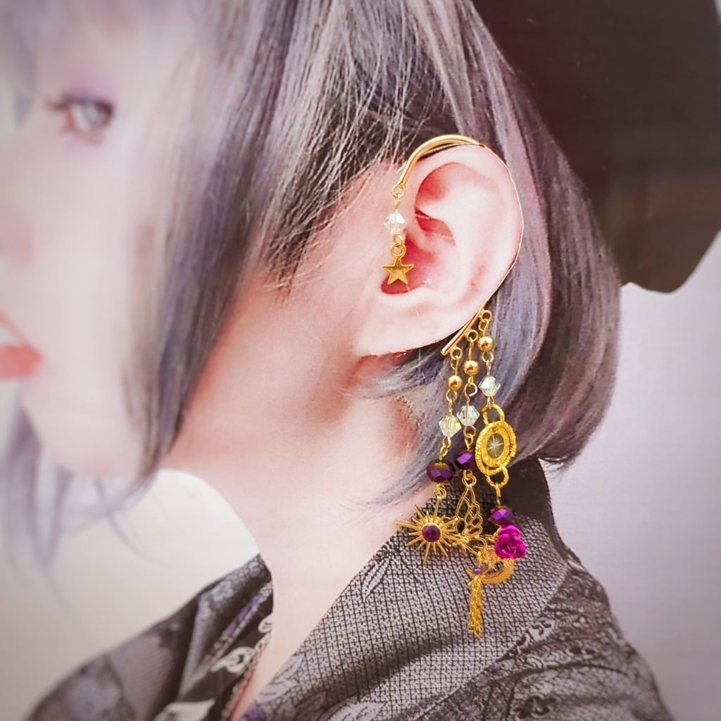 薔薇と蝶々のイヤーフック 6色 中級魔法 ブルー スカイブルー レッド グリーン ライトパープル パープル 906〜911