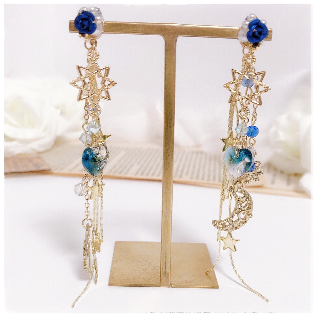 《★再販×3 !》【星に願いを…】薔薇&ビジュー 星空2wayピアス