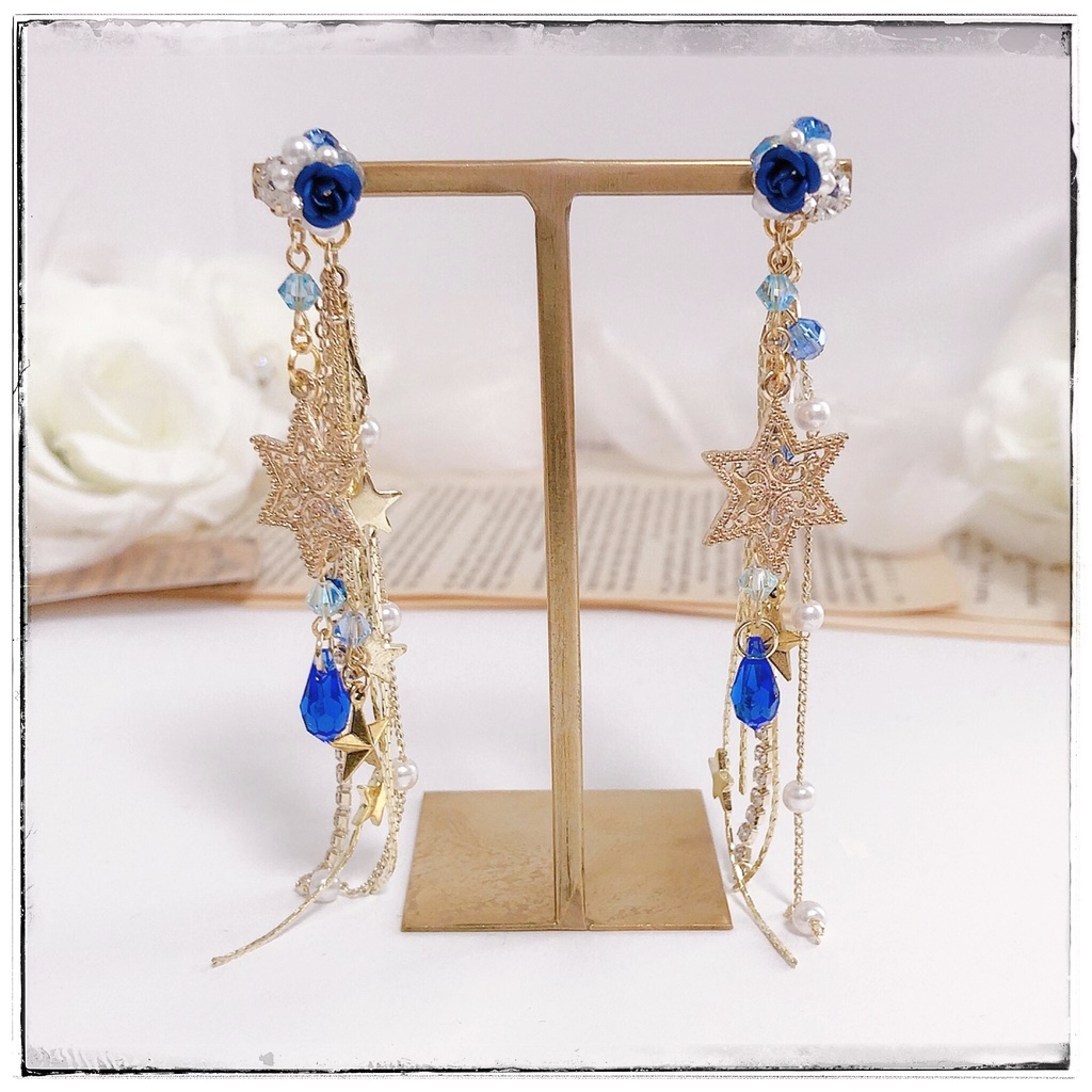 【星に願いを…】薔薇&ビジュー 星空2wayピアス -星の祈りver.-