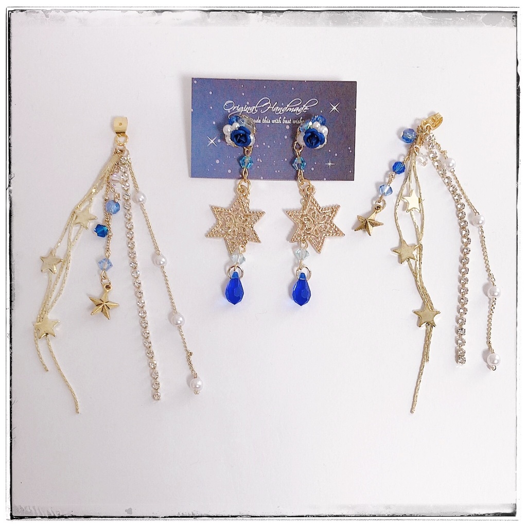 【星に願いを…】薔薇&ビジュー 星空2wayピアス -星の祈りver.-