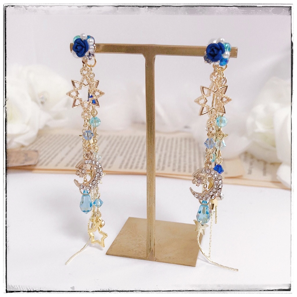 【星に願いを…】薔薇&ビジュー 星空2wayピアス -星の祈りver.-