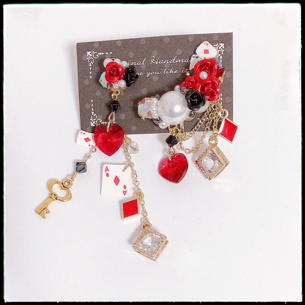 【Rose Garden Teaparty】薔薇＆トランプのピアス,イヤーカフセット