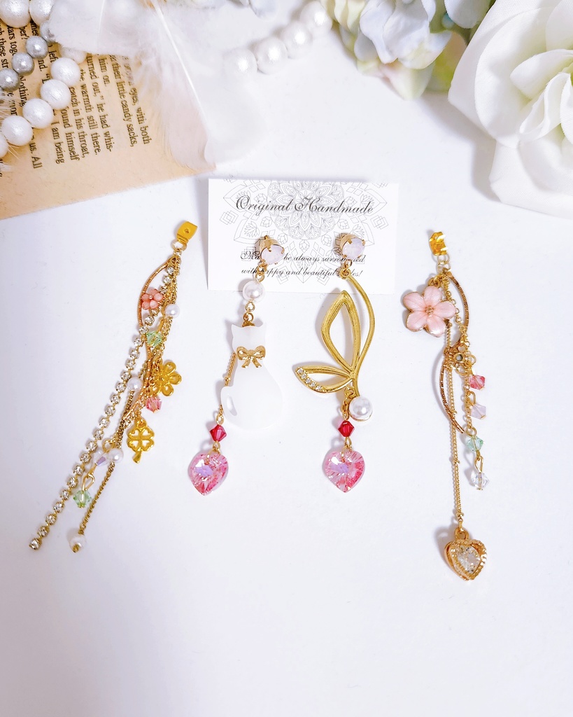 【恋猫】ビジュー&ホワイトキャット ハート 2wayピアス