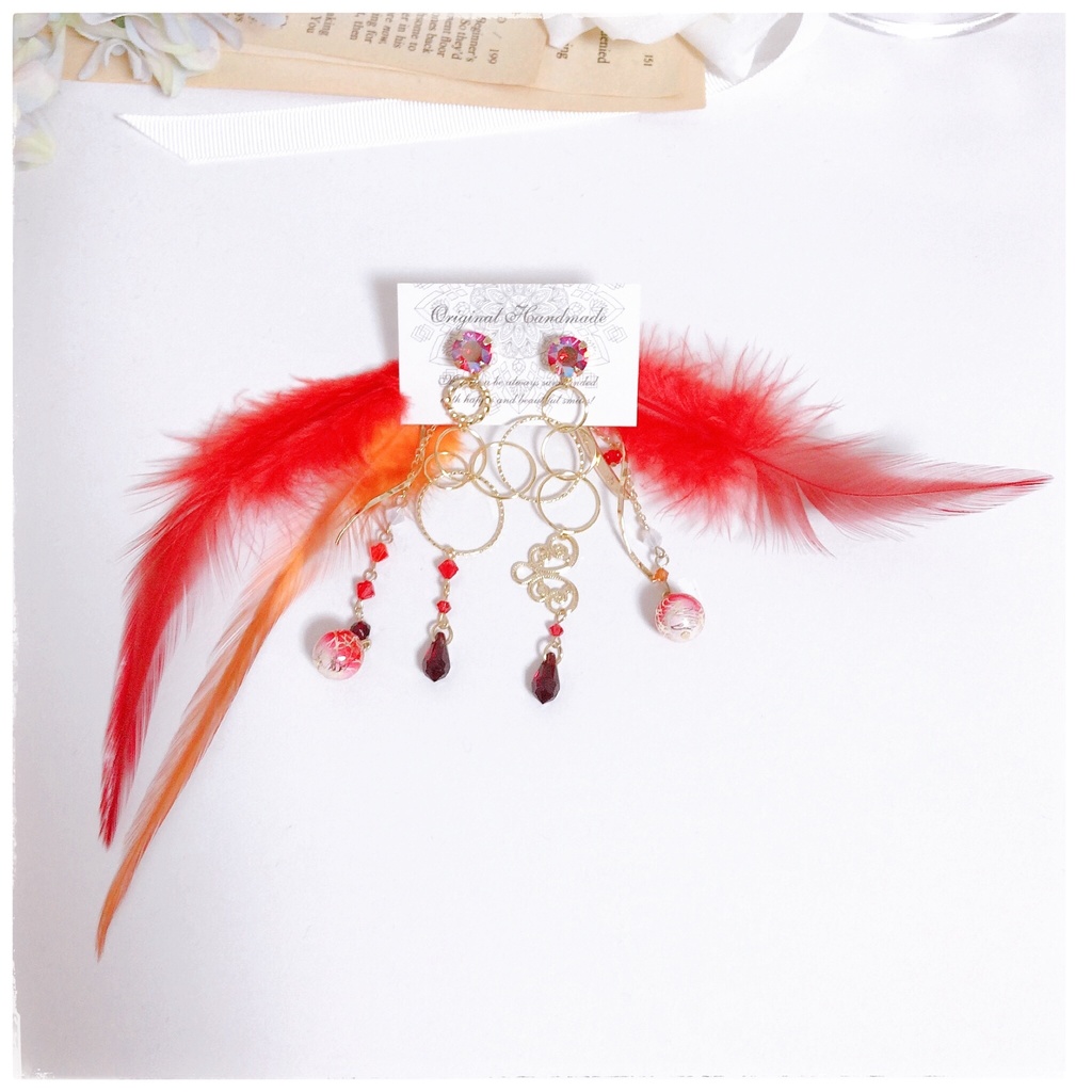 《★再販!!》【昇り炎天】ビジュー&フェザー チェーン 2wayピアス