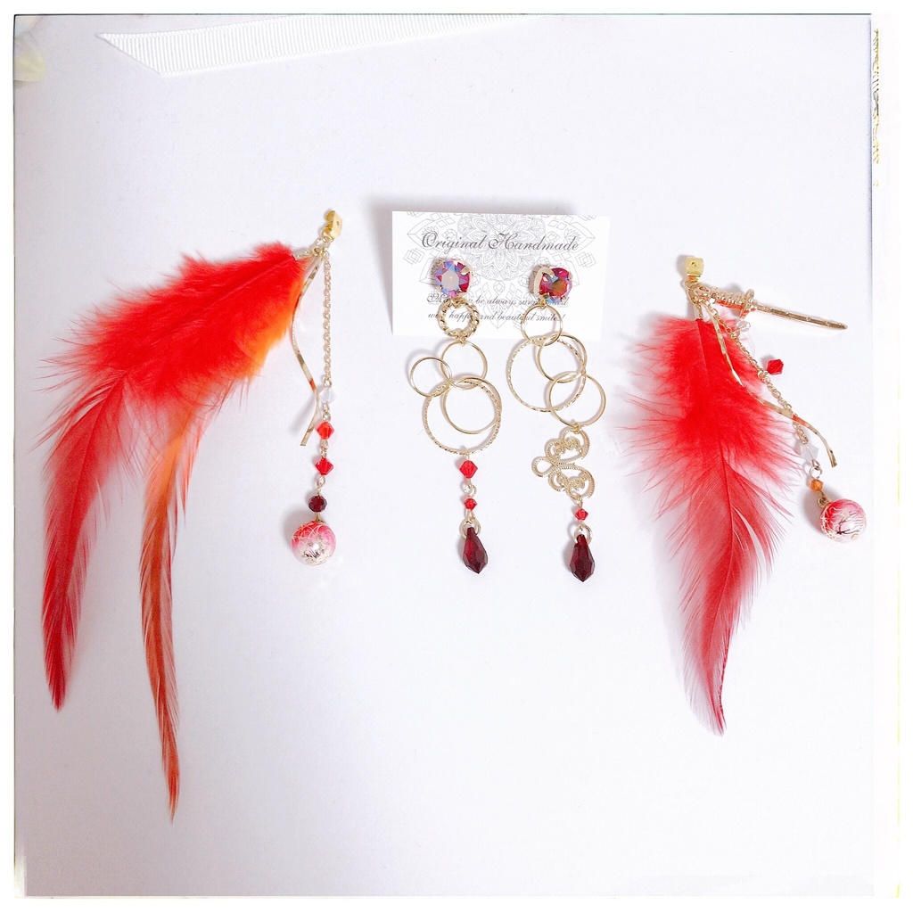 《★再販!!》【昇り炎天】ビジュー&フェザー チェーン 2wayピアス