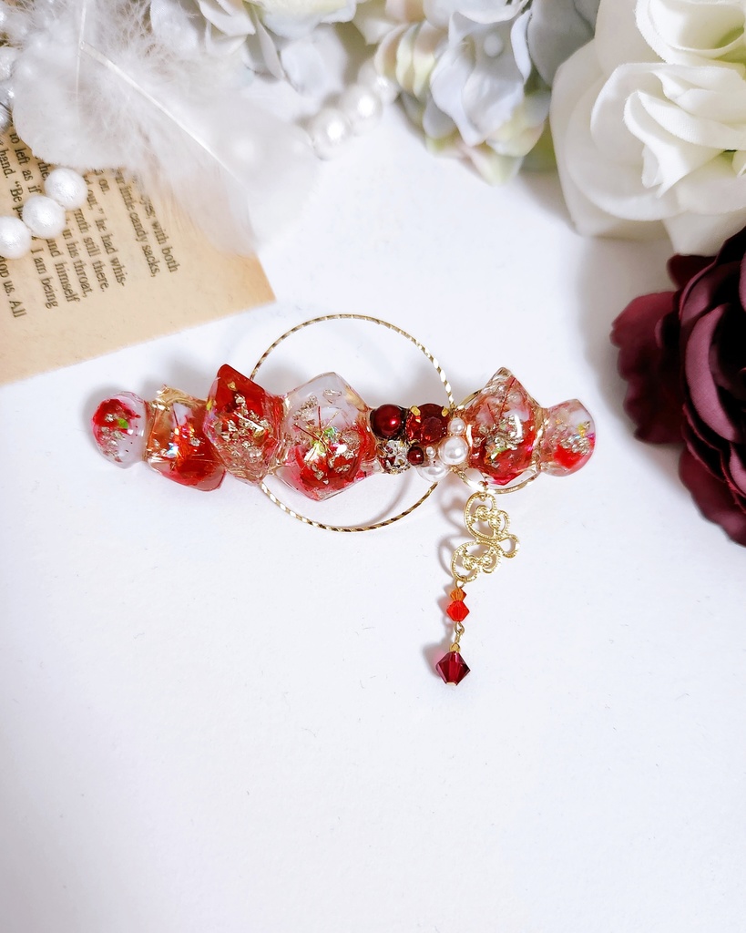 《★再販 ×5!》【赫き炎】グラデーションレッドの鉱石風 ビジュー バレッタ