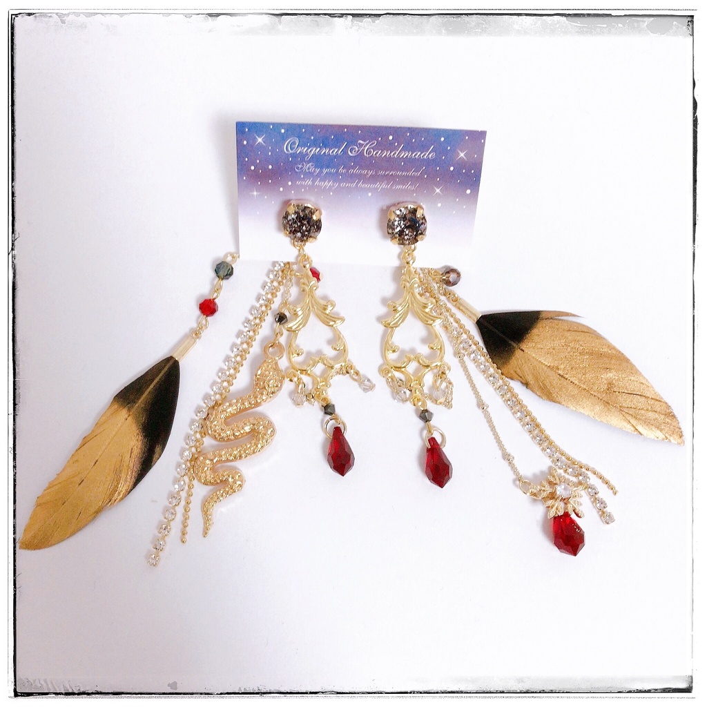 《★1名様限定》【Arabian party】ビジュー&フェザー チェーン 2wayピアス