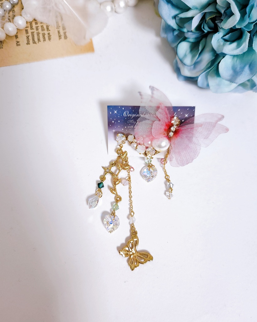 【風花 -さねカナ-】蝶々チェーンビジューピアス&イヤーカフ セット