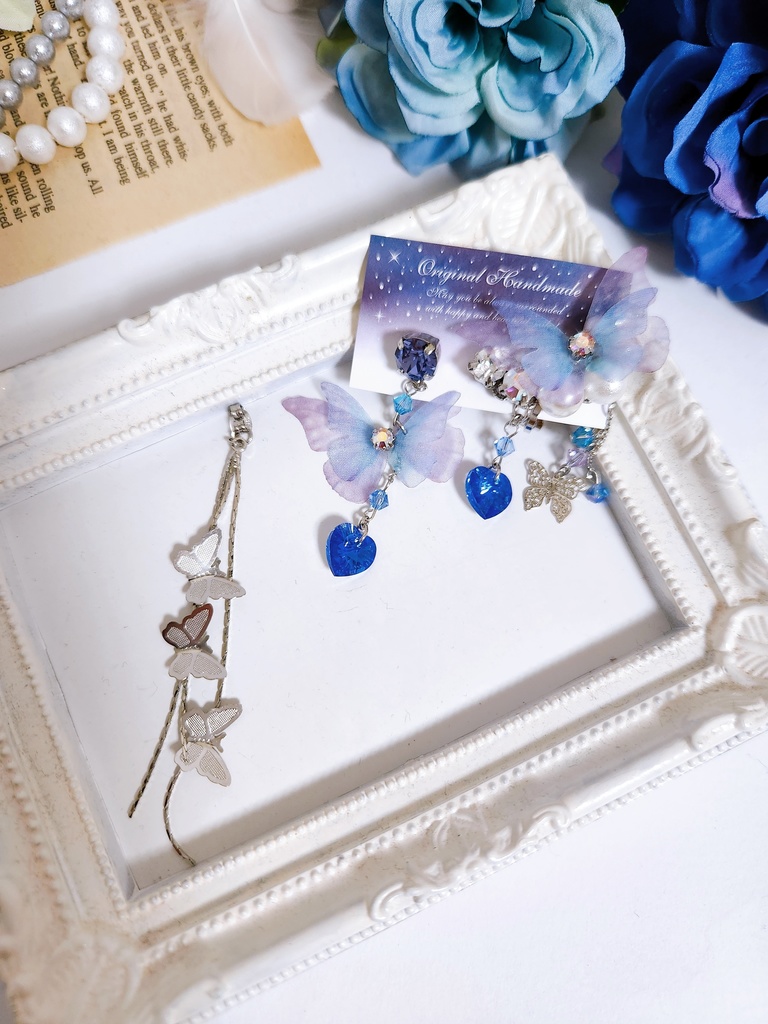 《★再販!!》【蝶の舞 -戯れ-】ビジュー&蝶々チェーン 2wayピアス+イヤーカフのセット